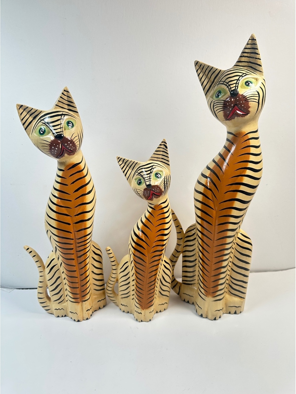 Set Of 3 Hand Carved Wooden Bali Striped Cats Indonesian Folk Art MCM Decor